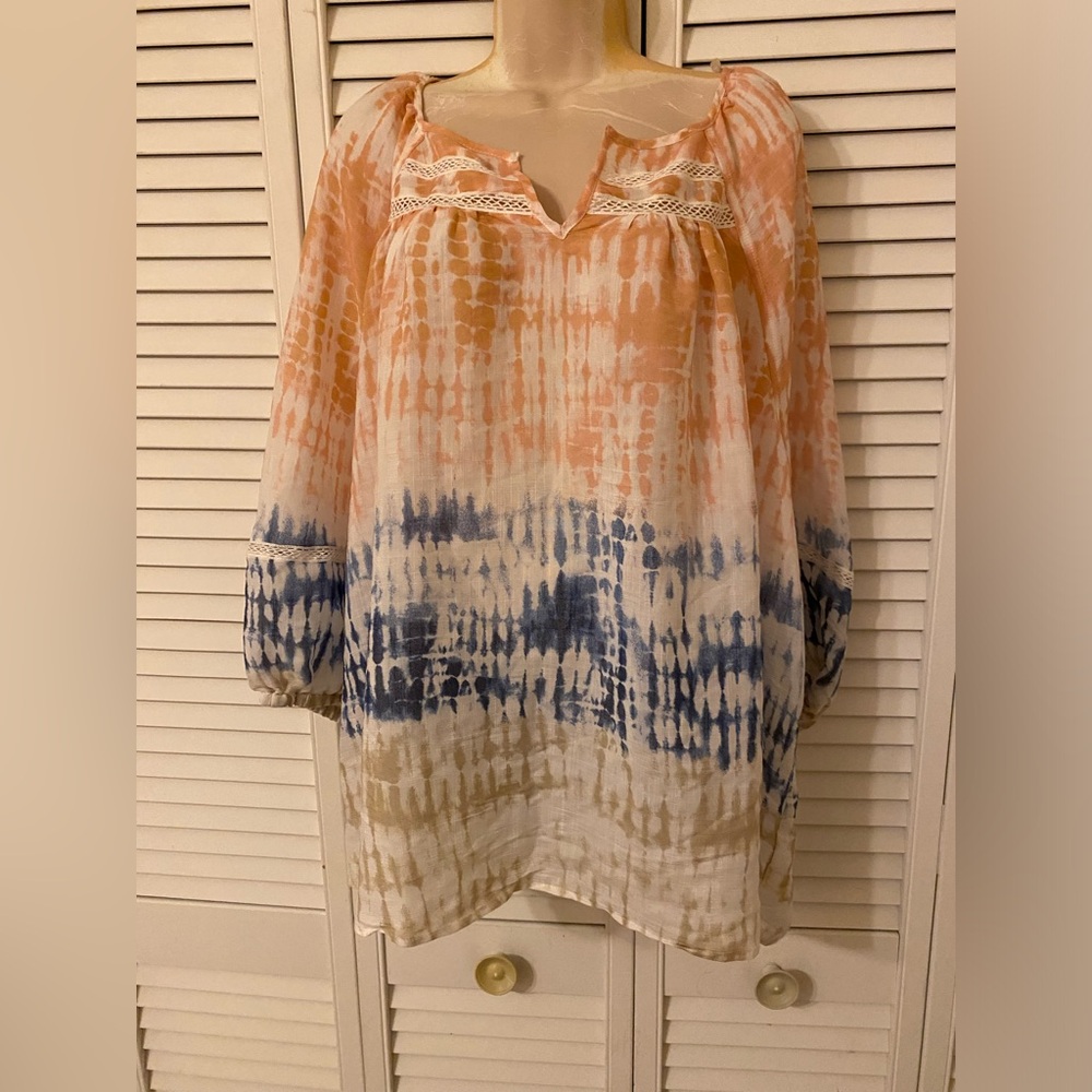 Womens Tie-Dye Lace Blouse Size 3XL Pink Blue Puff Sleeve Boho Indie Peasant